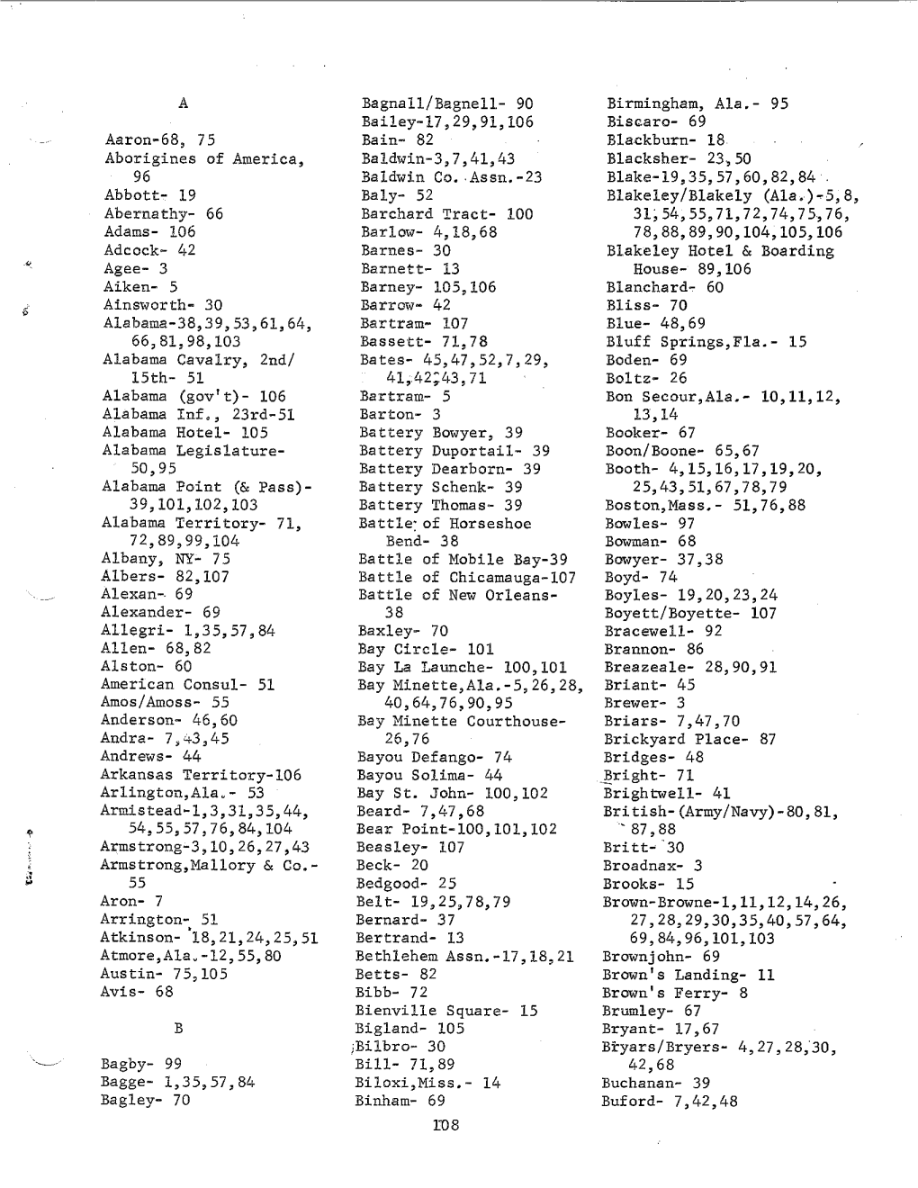 106 Adcock- 42 Agee- 3 Aiken- 5 Ainsworth- 30 Alabama-38