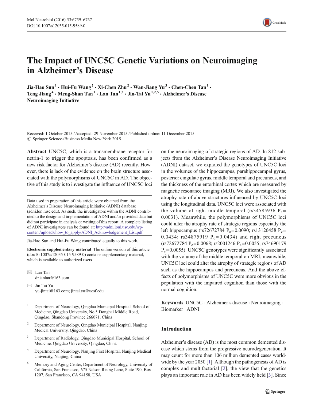 The Impact of UNC5C Genetic Variations on Neuroimaging in Alzheimer’Sdisease