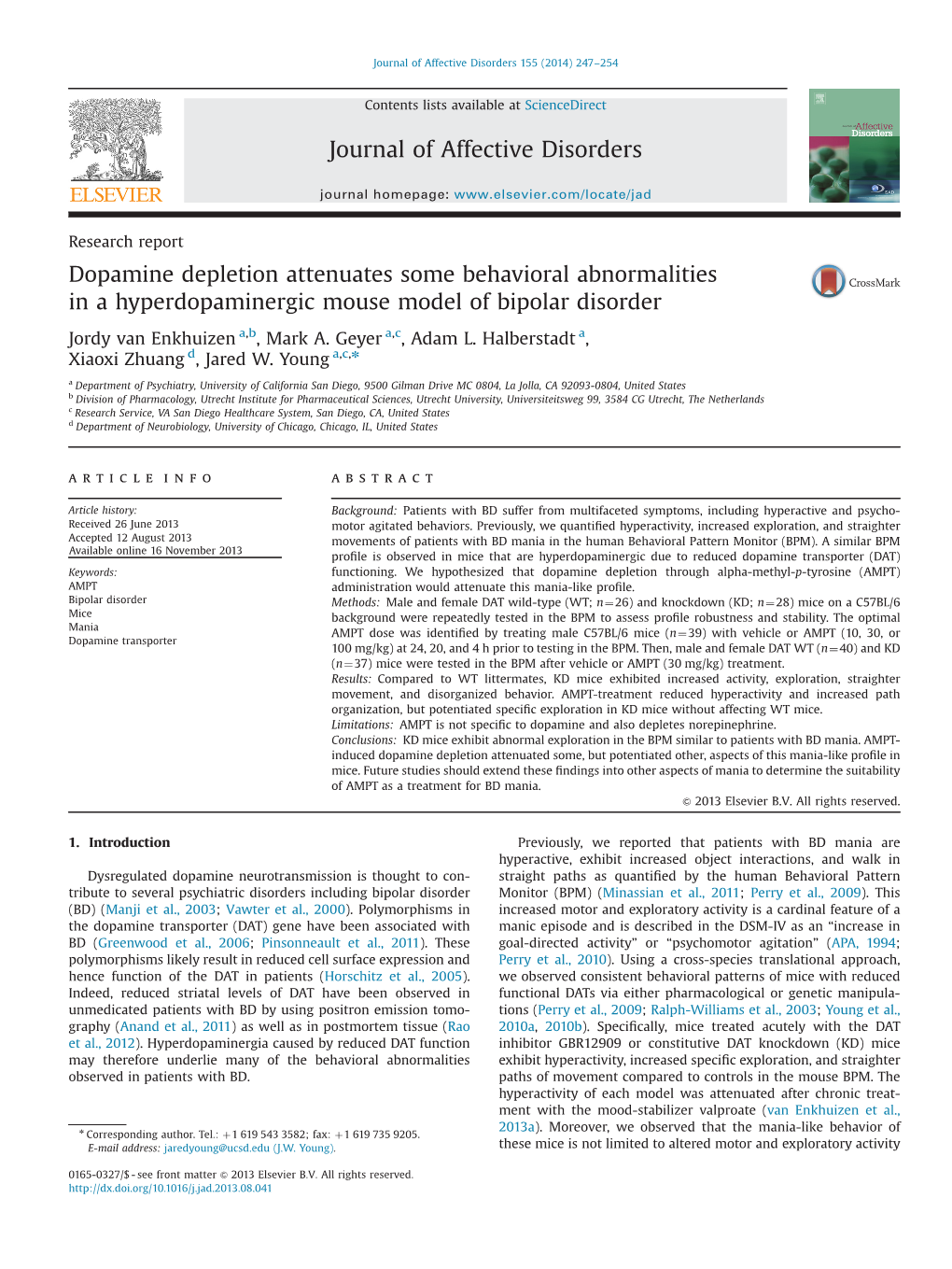 Dopamine Depletion Attenuates Some Behavioral Abnormalities in a Hyperdopaminergic Mouse Model of Bipolar Disorder