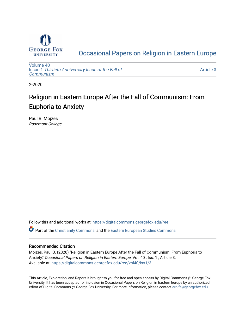 Religion in Eastern Europe After the Fall of Communism: from Euphoria to Anxiety