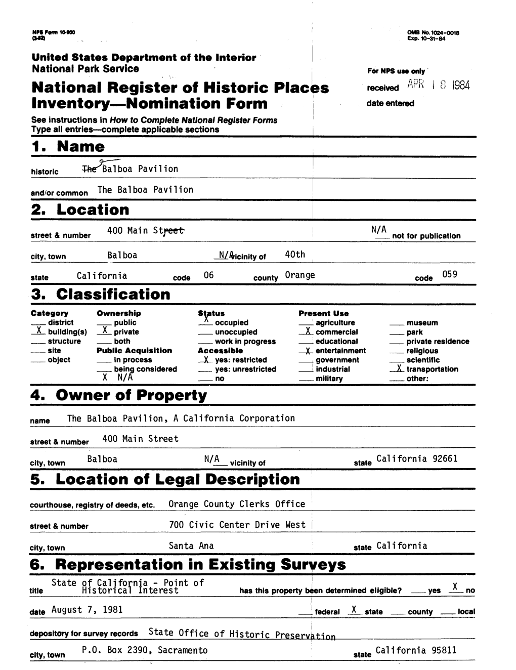 National Register Off Historic Places Inventory—Nomination Form 1