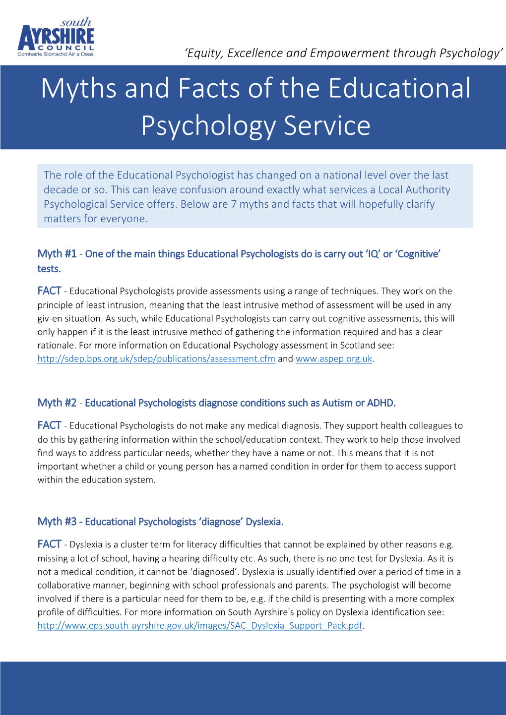 Myths and Facts of the Educational Psychology Service