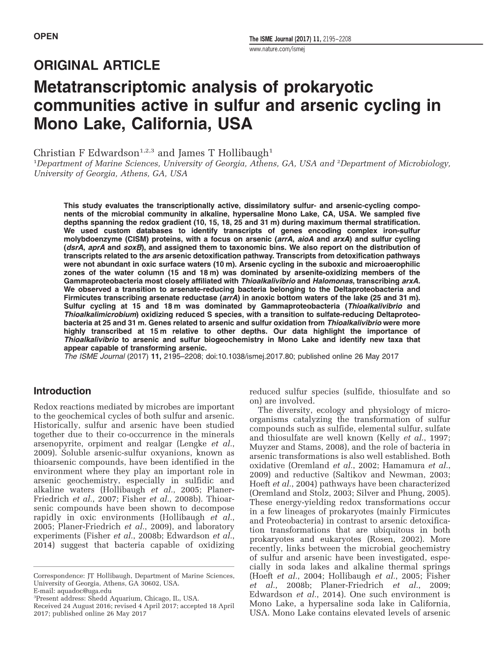 Metatranscriptomic Analysis of Prokaryotic Communities Active in Sulfur and Arsenic Cycling in Mono Lake, California, USA