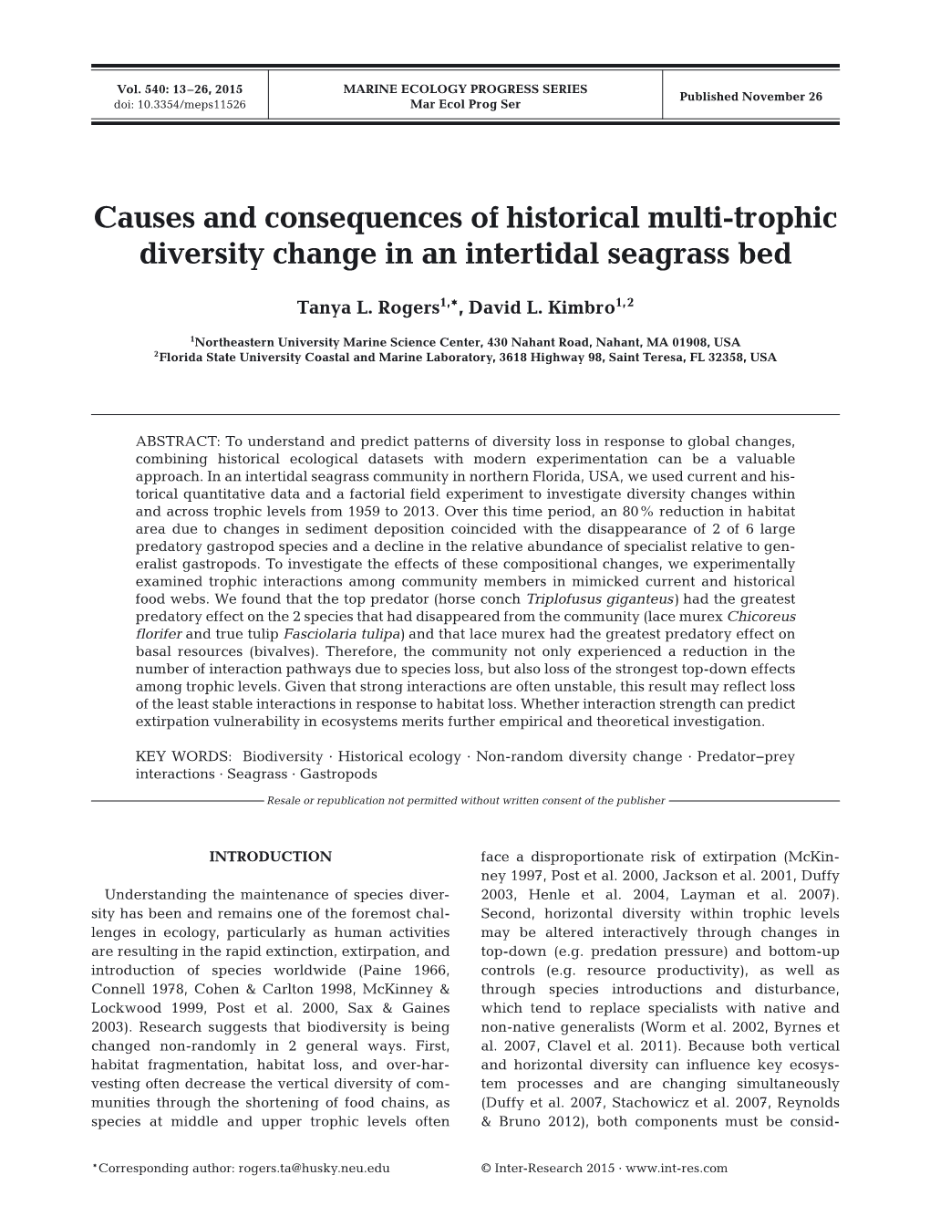 Causes and Consequences of Historical Multi-Trophic Diversity Change in an Intertidal Seagrass Bed