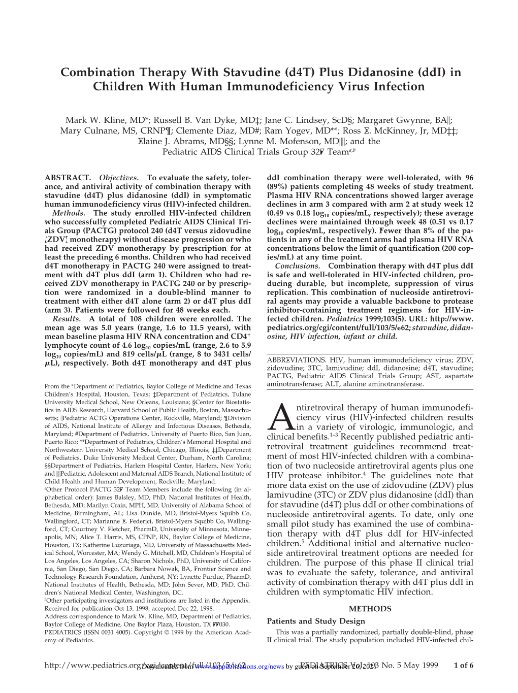 D4t) Plus Didanosine (Ddi) in Children with Human Immunodeficiency Virus Infection