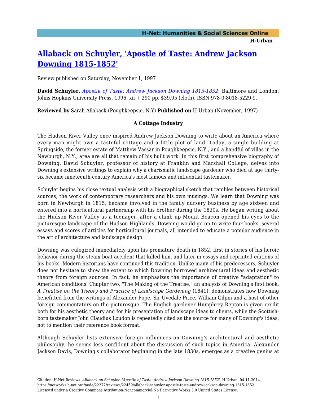Allaback on Schuyler, 'Apostle of Taste: Andrew Jackson Downing 1815-1852'