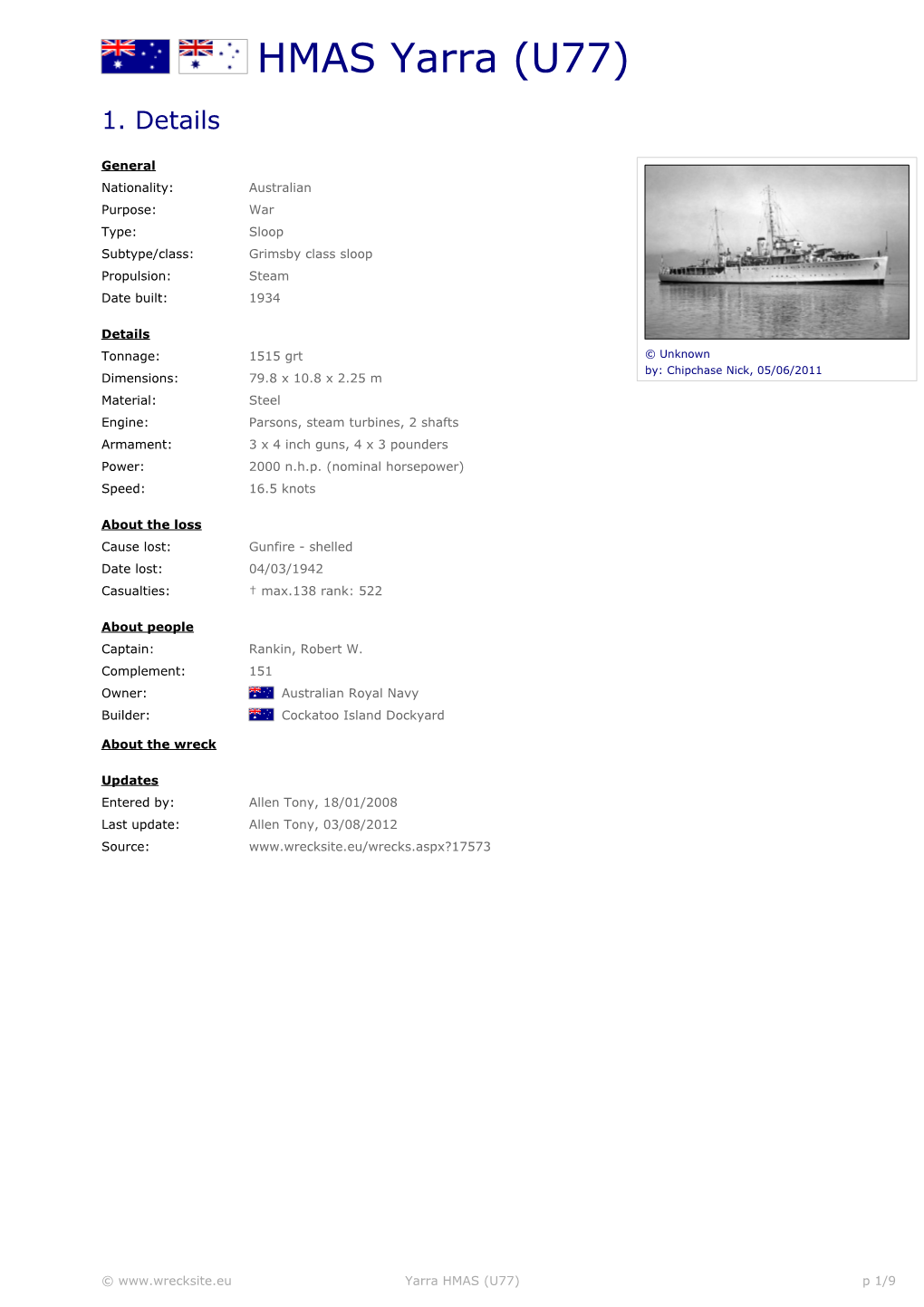 Wreck Report for Yarra HMAS