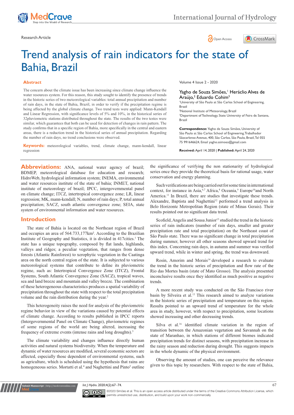 Trend Analysis of Rain Indicators for the State of Bahia, Brazil