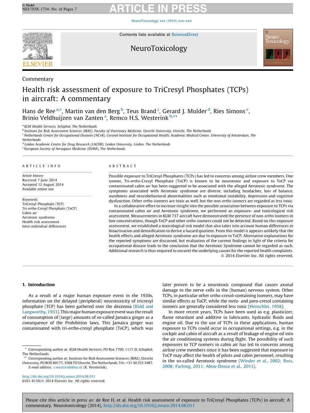 Health Risk Assessment of Exposure to Tricresyl Phosphates (Tcps) in Aircraft: A