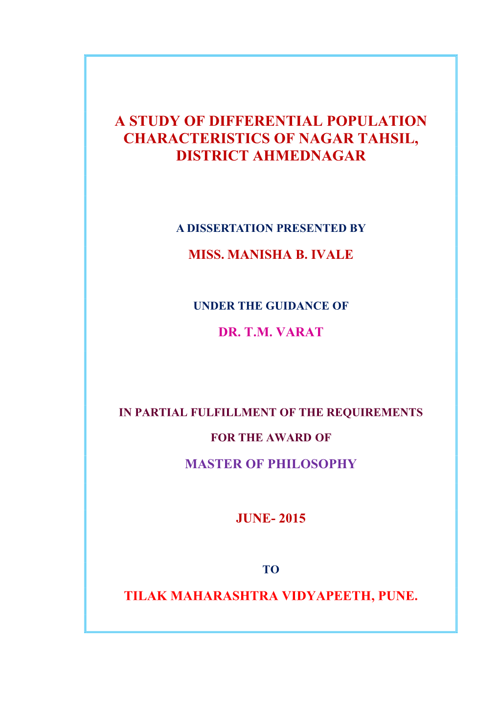 A Study of Differential Population Characteristics of Nagar Tahsil, District Ahmednagar