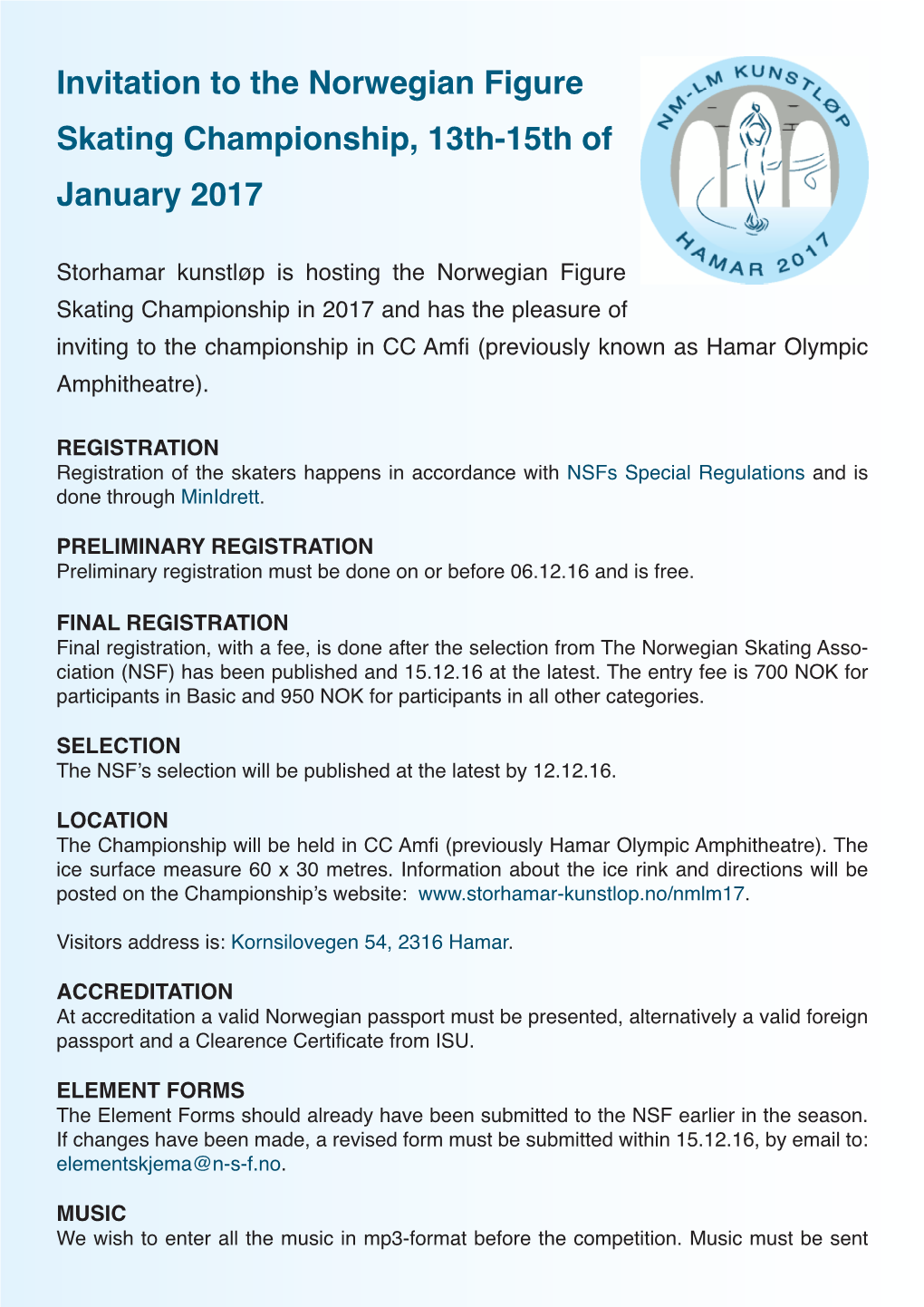 Invitation to the Norwegian Figure Skating Championship, 13Th-15Th of January 2017