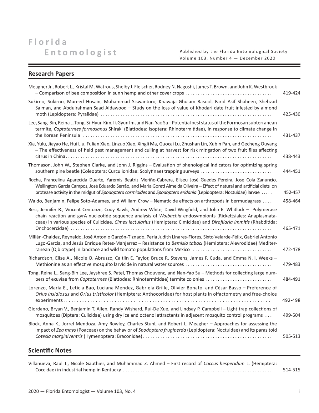 Florida Entomologist Published by the Florida Entomological Society Volume 103, Number 4 — December 2020