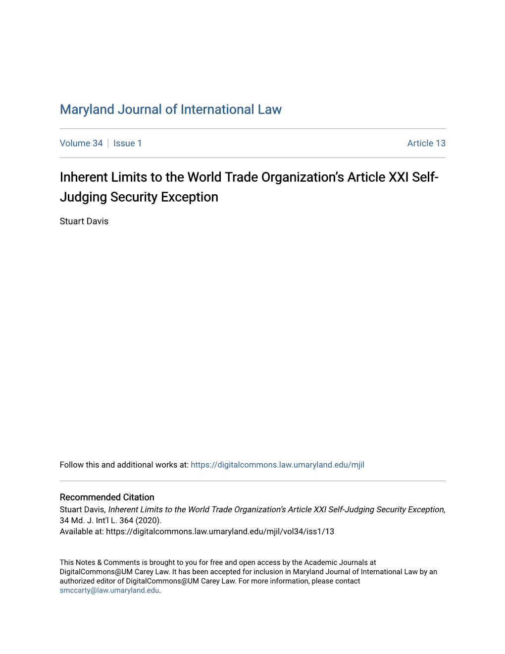 Inherent Limits to the World Trade Organization's Article XXI Self