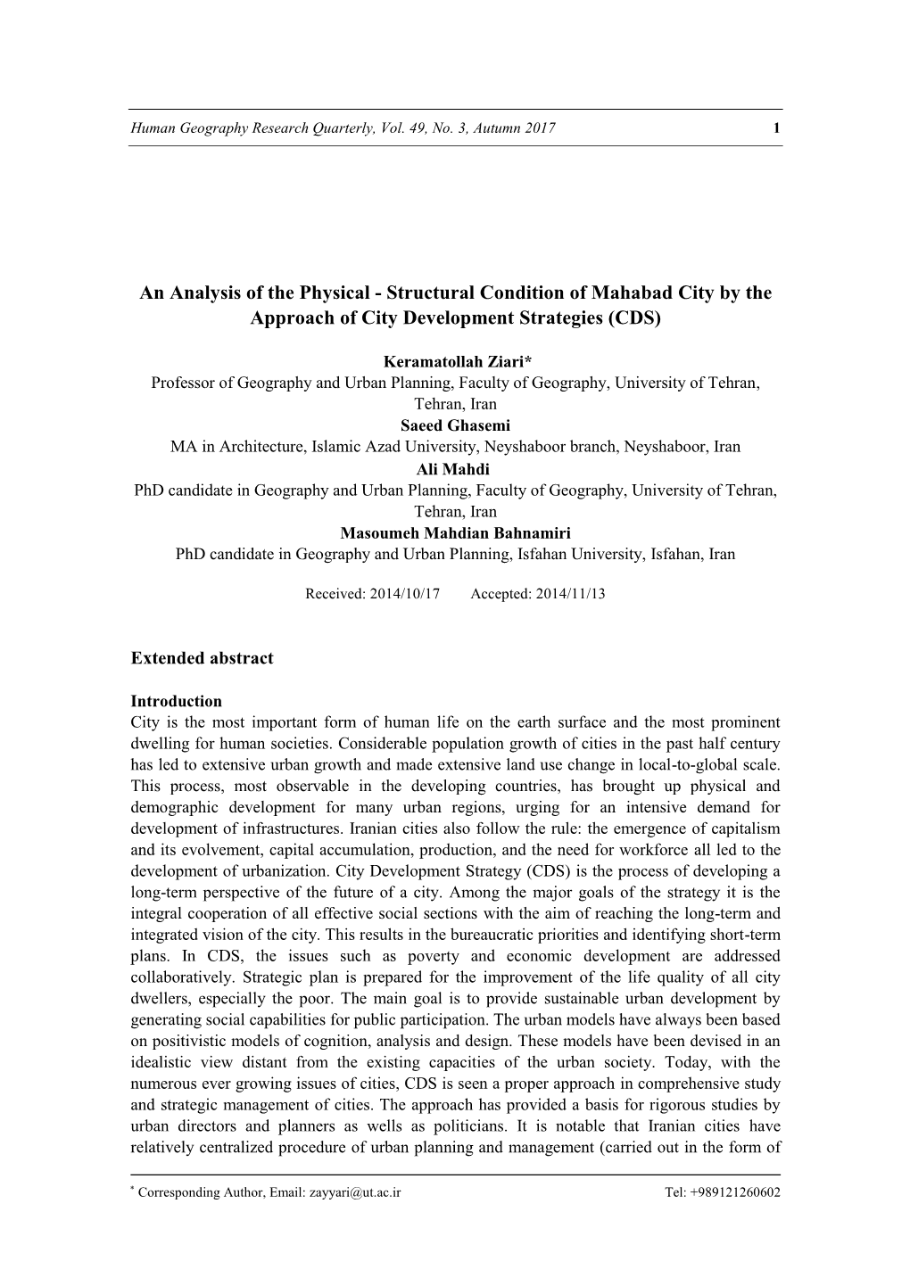 An Analysis of the Physical - Structural Condition of Mahabad City by the Approach of City Development Strategies (CDS)