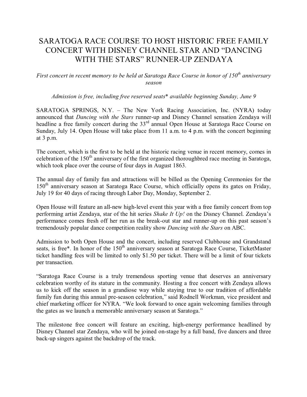 Saratoga Race Course to Host Historic Free Family Concert with Disney Channel Star and “Dancing with the Stars” Runner-Up Zendaya