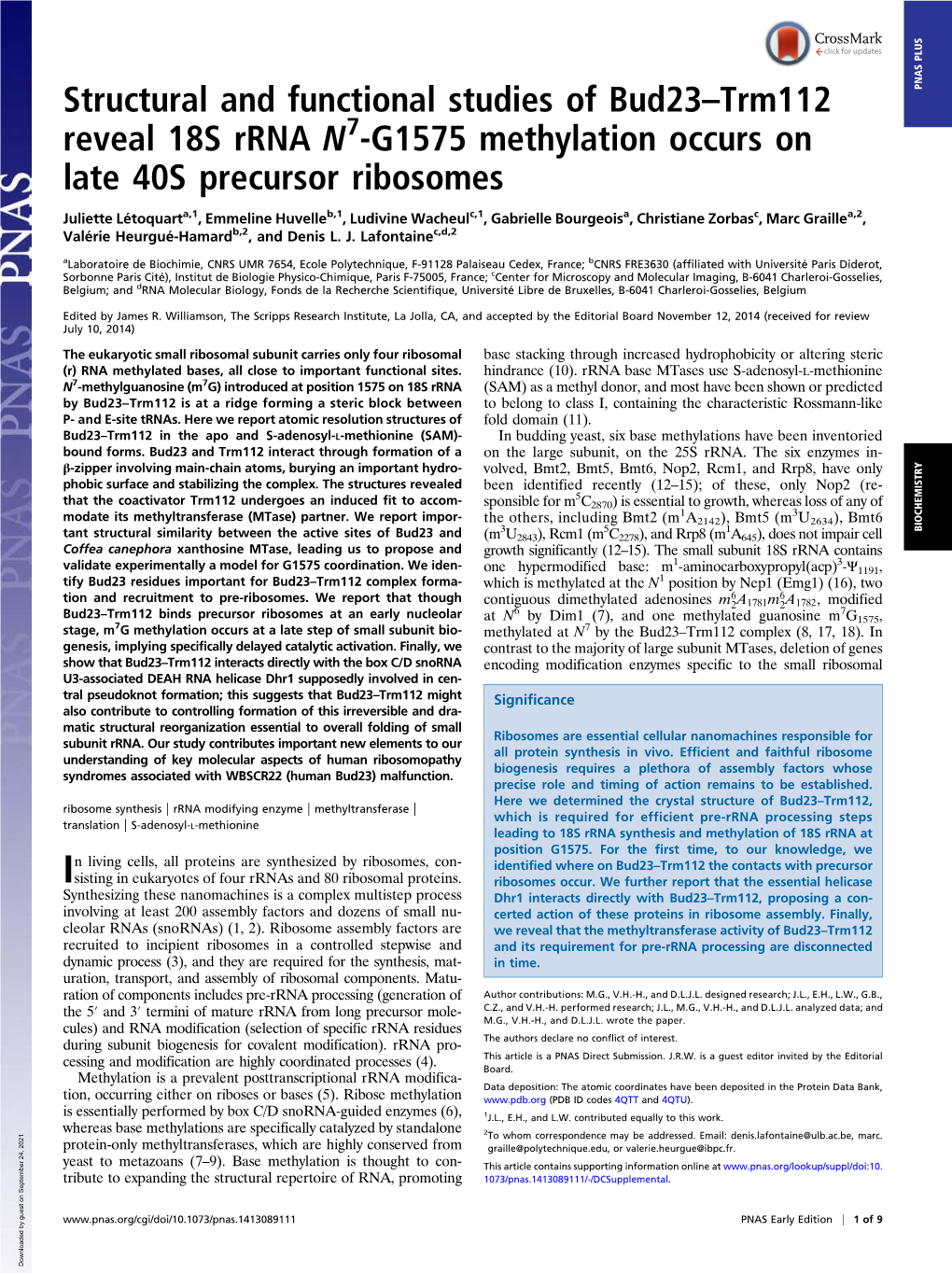 Structural and Functional Studies of Bud23–Trm112 Reveal 18S