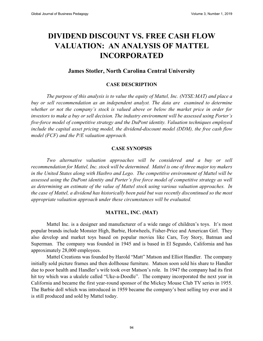 Dividend Discount Vs. Free Cash Flow Valuation: an Analysis of Mattel Incorporated