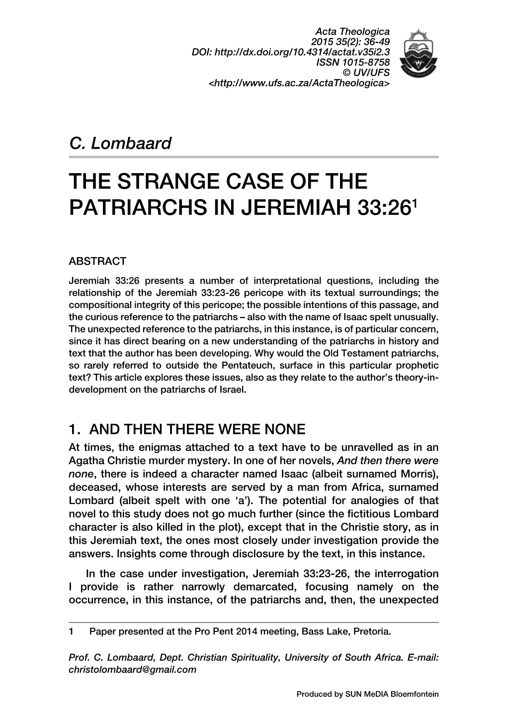 C. Lombaard the STRANGE CASE of the PATRIARCHS in JEREMIAH 33:261