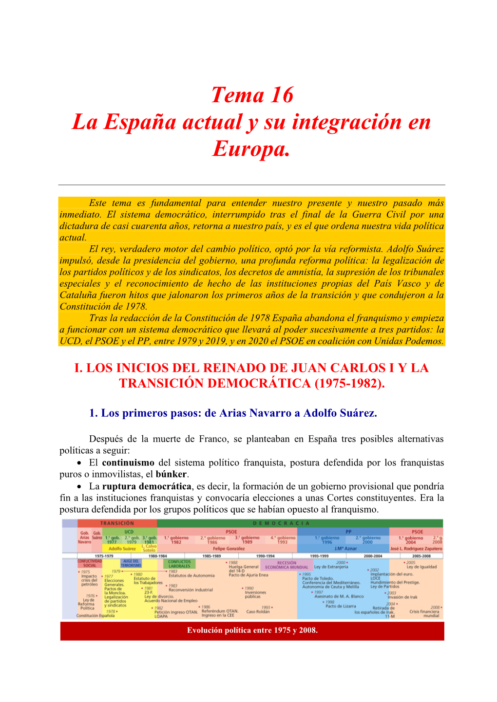 Tema 16 La España Actual Y Su Integración En Europa