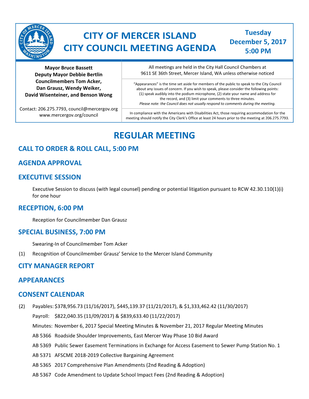 City of Mercer Island City Council Meeting Agenda