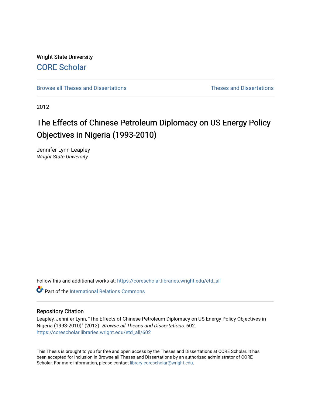 The Effects of Chinese Petroleum Diplomacy on US Energy Policy Objectives in Nigeria (1993-2010)