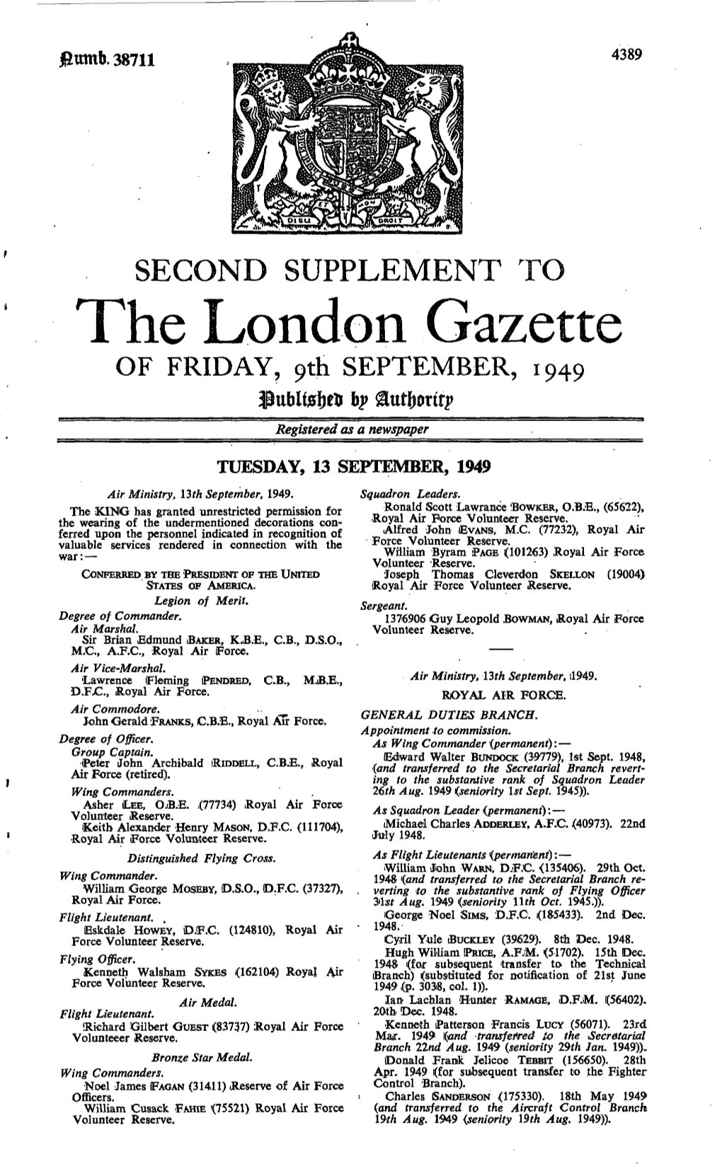The London Gazette of FRIDAY, 9Th SEPTEMBER, 1949