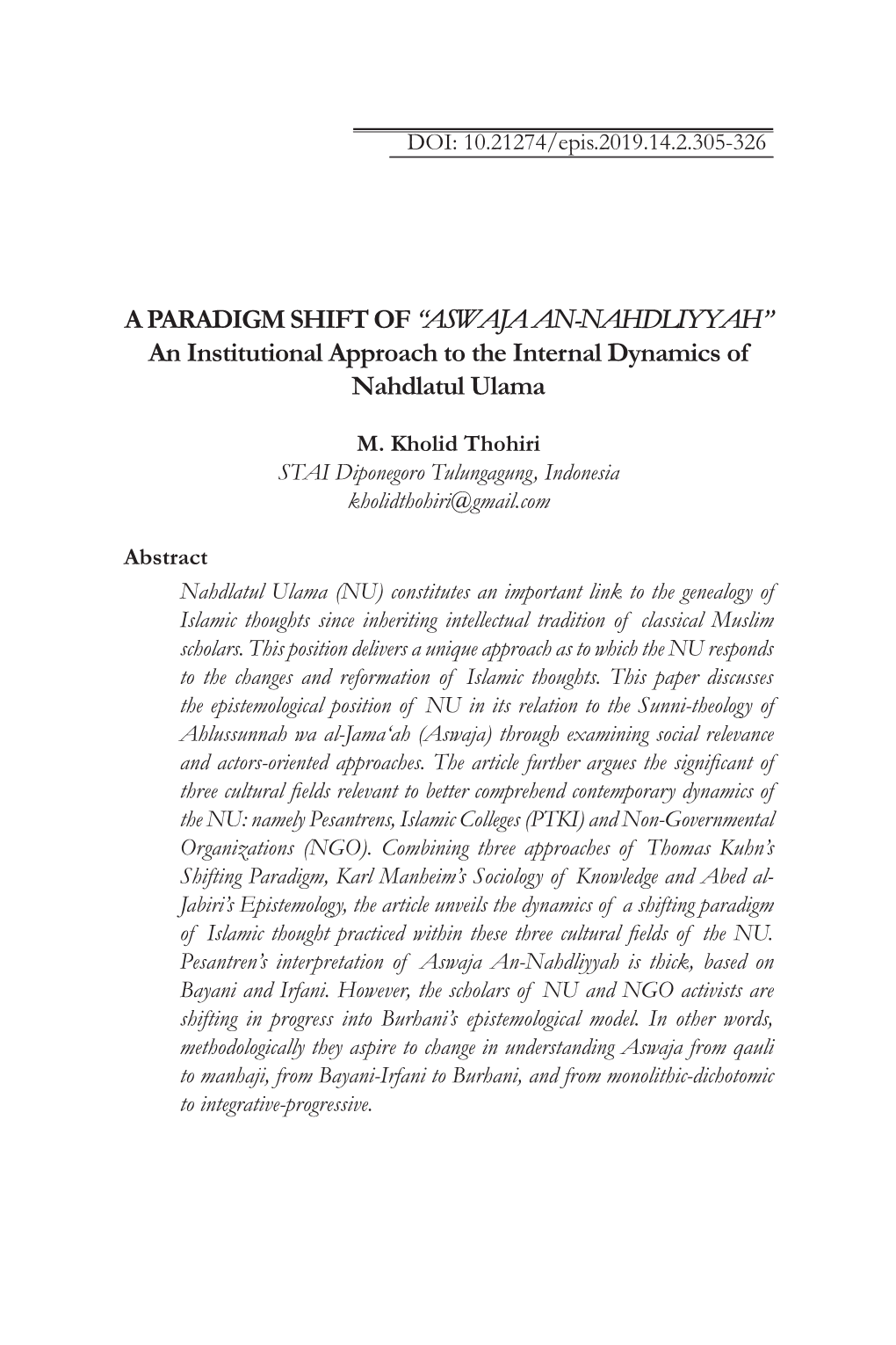 A PARADIGM SHIFT OF“ASWAJA AN-NAHDLIYYAH” an Institutional Approach to the Internal Dynamics of Nahdlatul Ulama