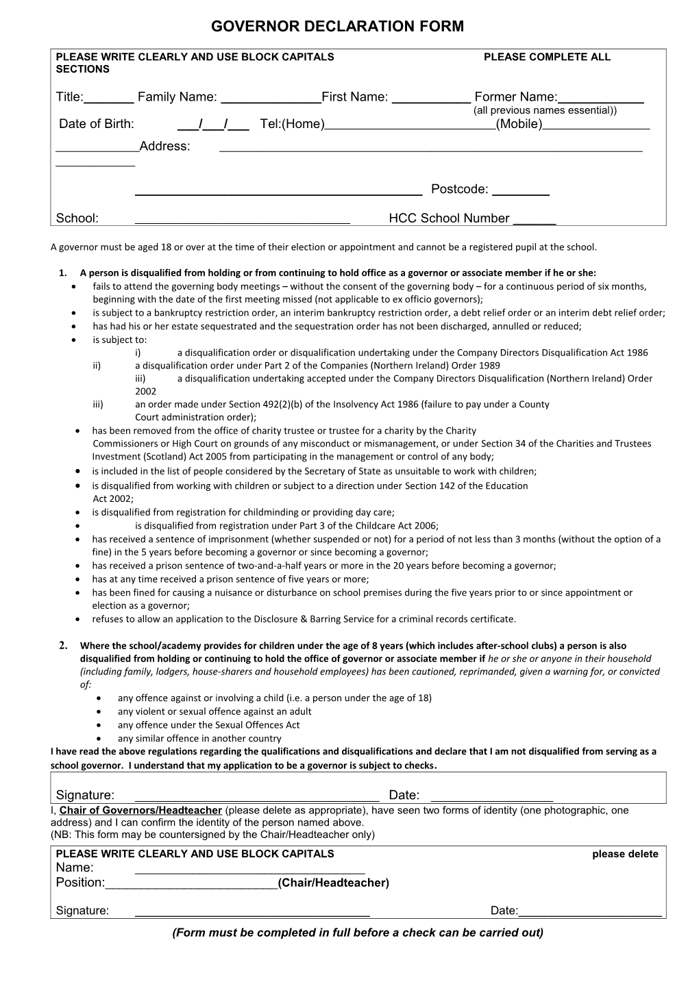 Governor Pre-Appointment Check Declaration Form