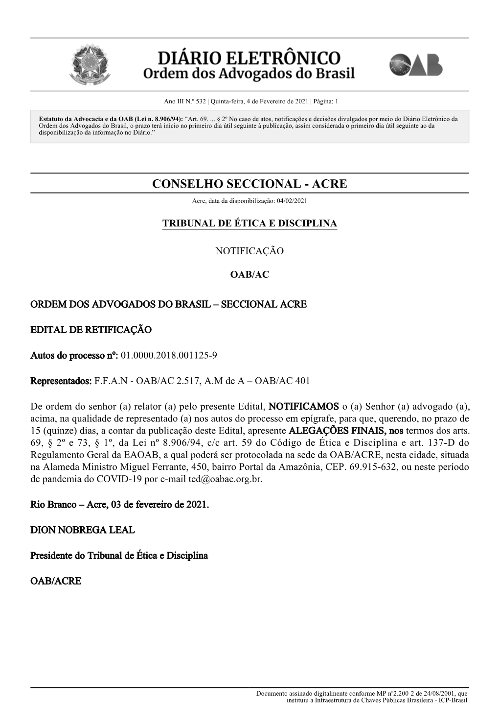 CONSELHO SECCIONAL - ACRE Acre, Data Da Disponibilização: 04/02/2021