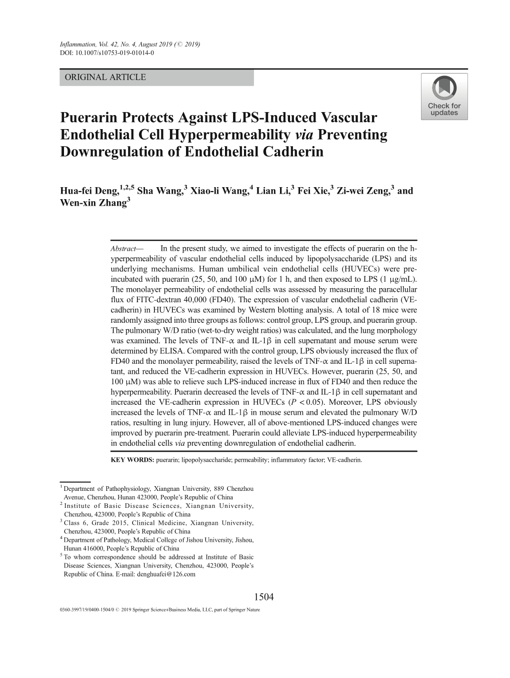 Puerarin Protects Against LPS-Induced Vascular Endothelial Cell Hyperpermeability Via Preventing Downregulation of Endothelial Cadherin