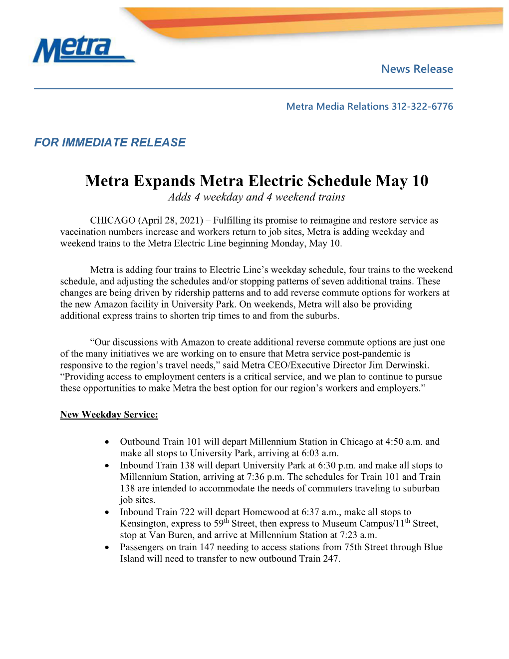 Metra Expands Metra Electric Schedule May 10 Adds 4 Weekday and 4 Weekend Trains