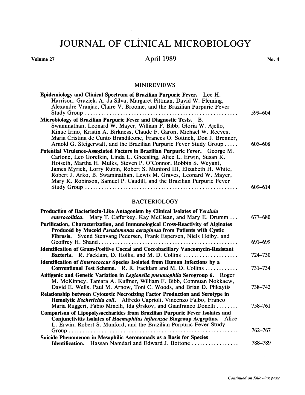 JOURNAL of CLINICAL MICROBIOLOGY Volume 27 April 1989 No