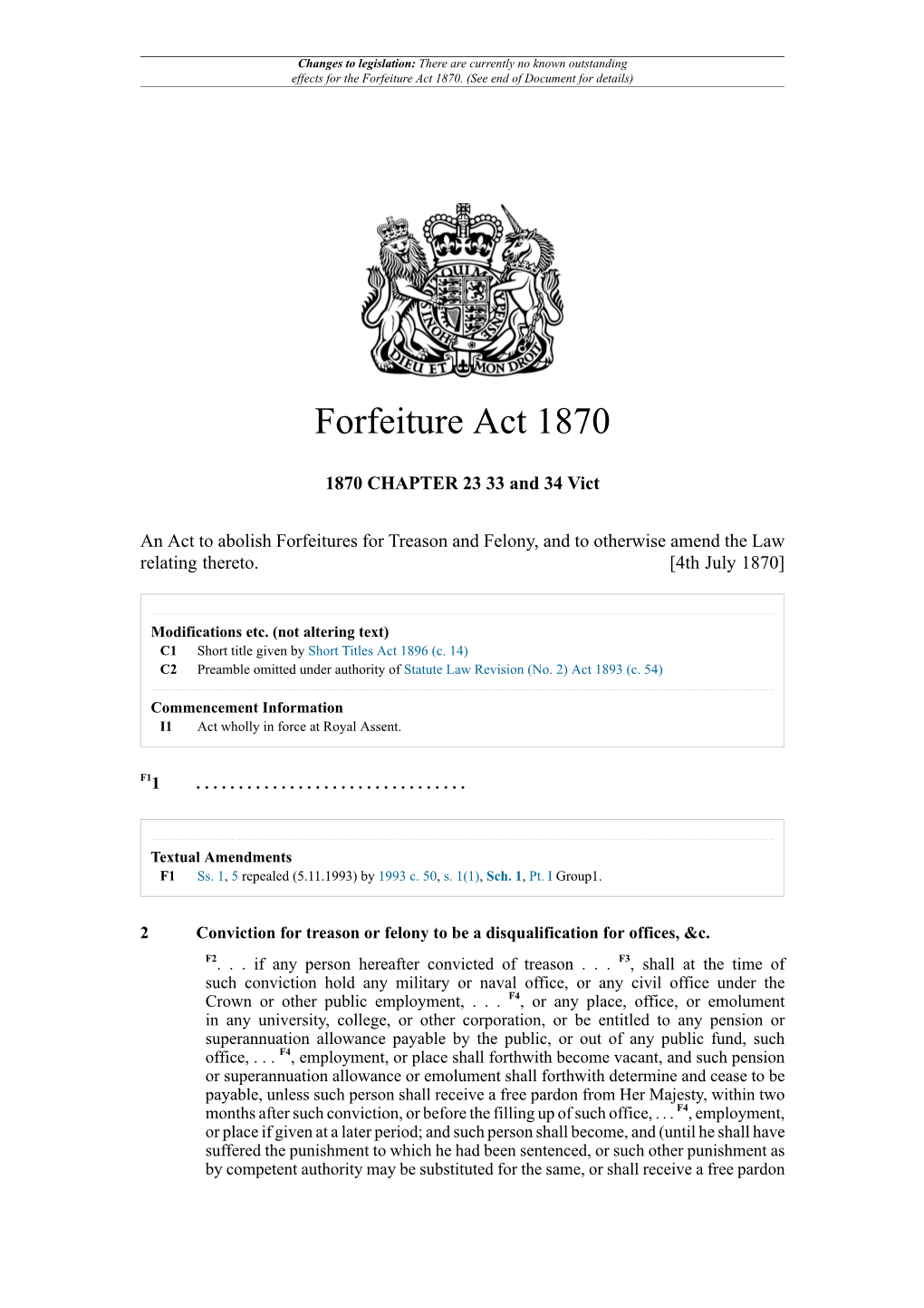 Forfeiture Act 1870