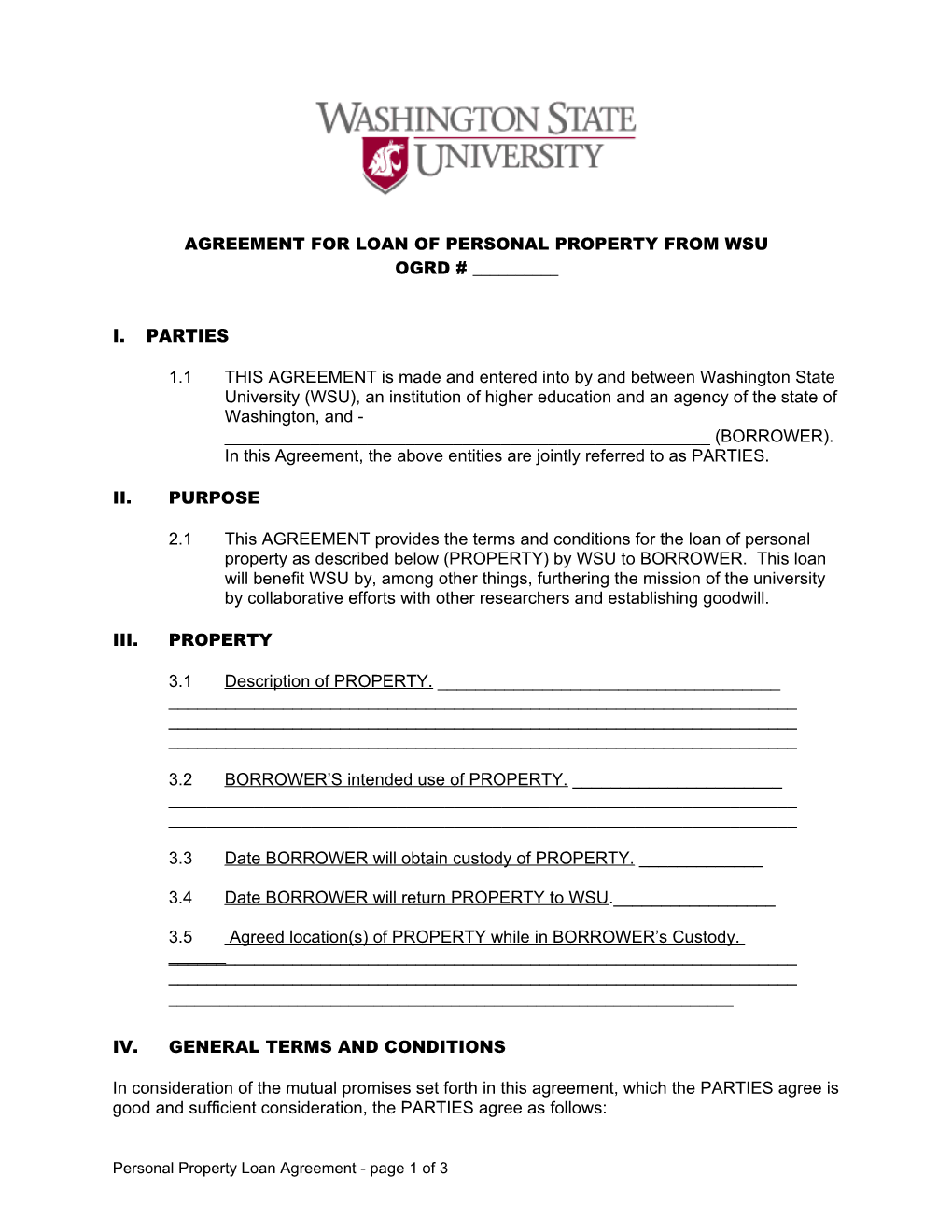 Agreement for Loan of Personal Property from Wsu Ogrd # ______ I. Parties 1.1 This Agreement