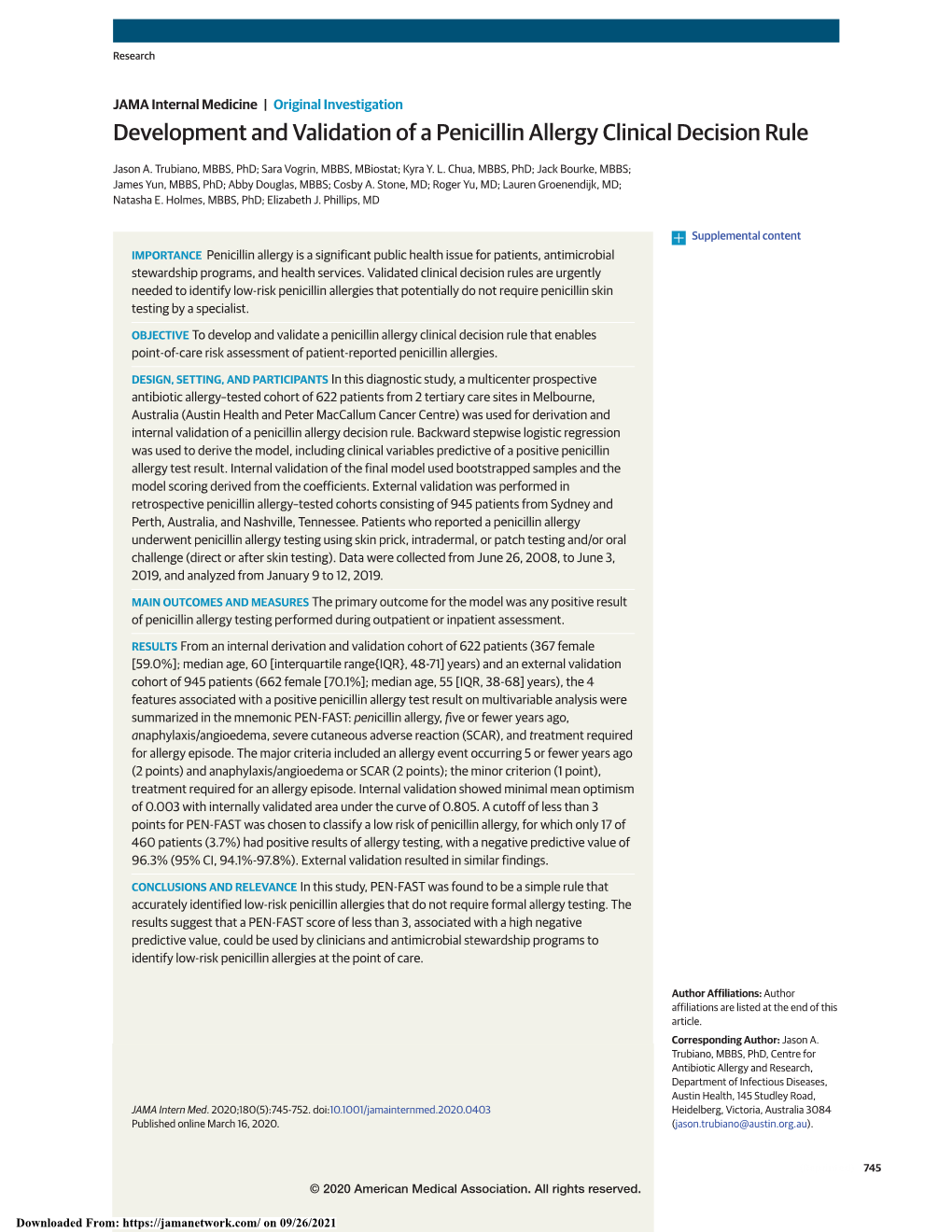 Development and Validation of a Penicillin Allergy Clinical Decision Rule