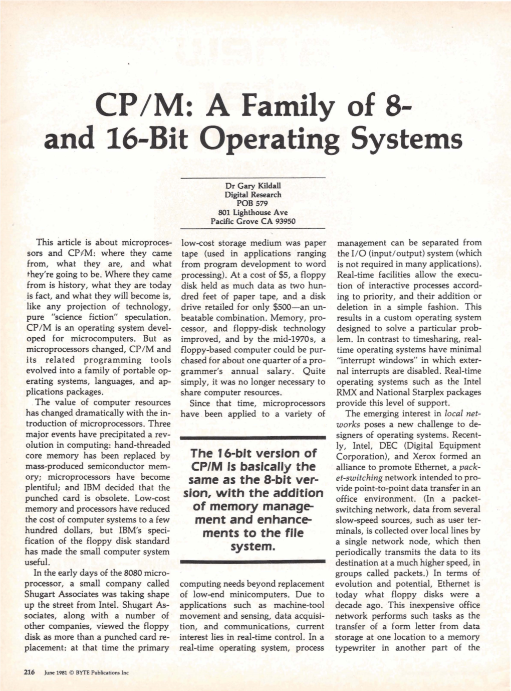 CP/M: a Family of 8- and 16-Bit Operating Systems
