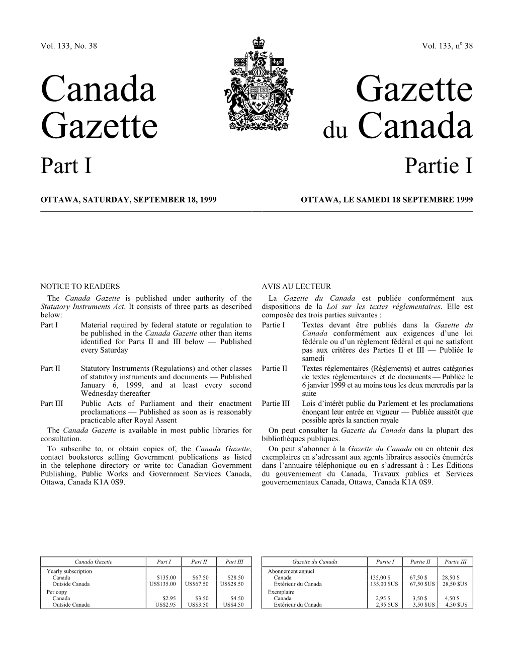 Canada Gazette, Part I, on May 8, 1999
