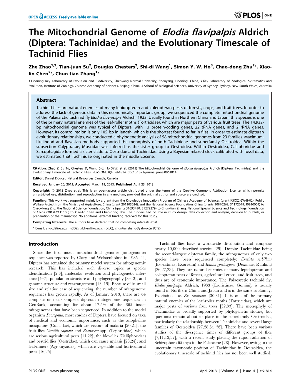 The Mitochondrial Genome of Elodia Flavipalpis Aldrich (Diptera: Tachinidae) and the Evolutionary Timescale of Tachinid Flies