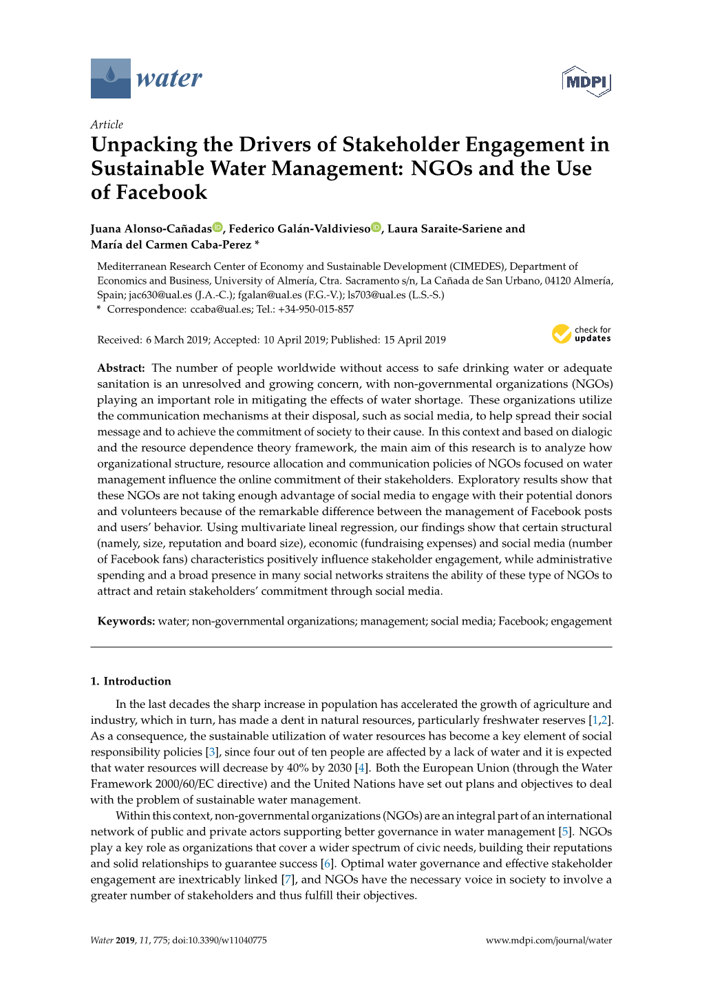 Unpacking the Drivers of Stakeholder Engagement in Sustainable Water Management: Ngos and the Use of Facebook