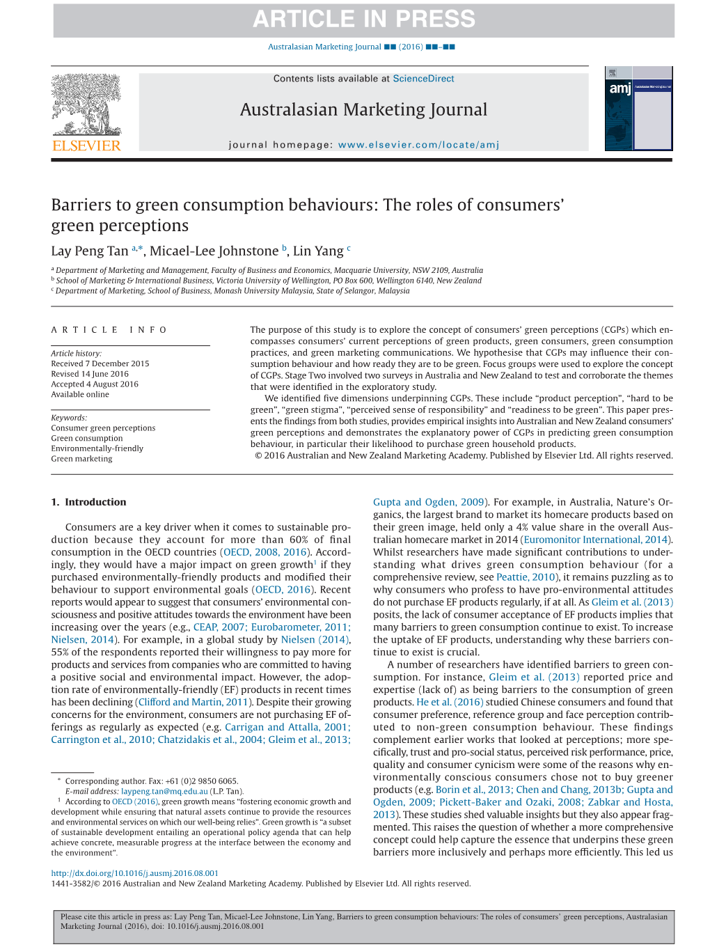 Barriers to Green Consumption Behaviours: the Roles of Consumers' Green Perceptions