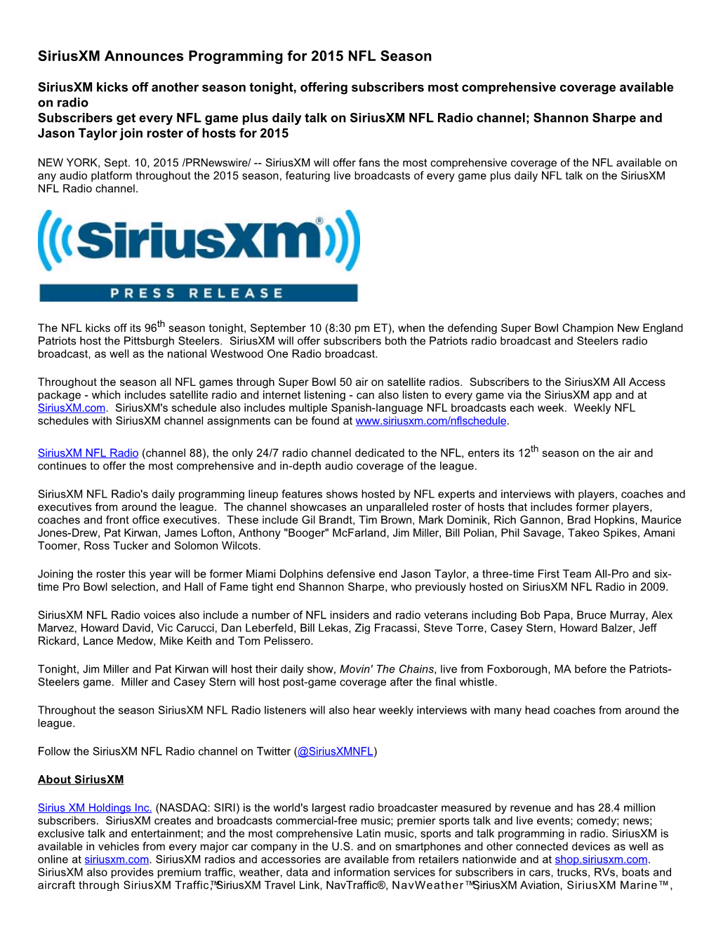 Siriusxm Announces Programming for 2015 NFL Season