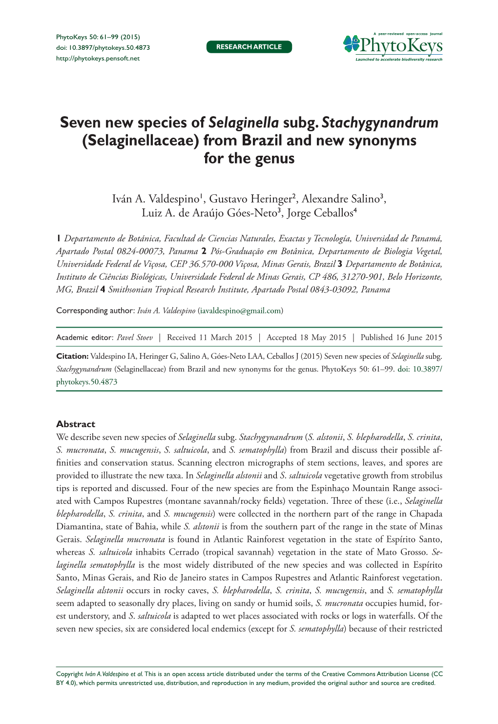 Seven New Species of Selaginella Subg. Stachygynandrum (Selaginellaceae) from Brazil and New Synonyms for the Genus