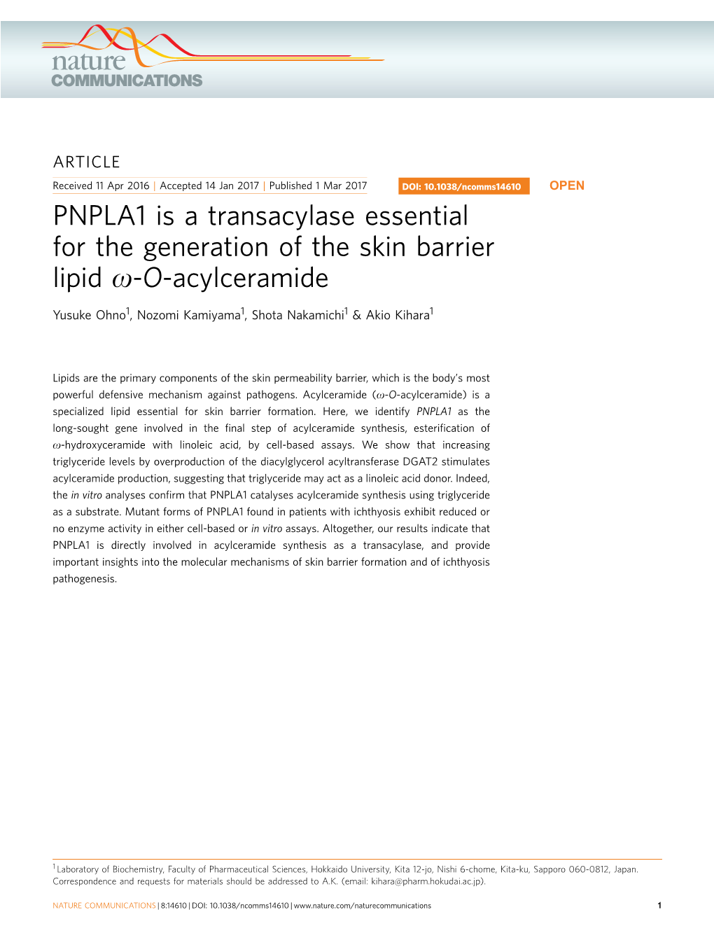 PNPLA1 Is a Transacylase Essential for the Generation of the Skin Barrier Lipid Ω-O-Acylceramide