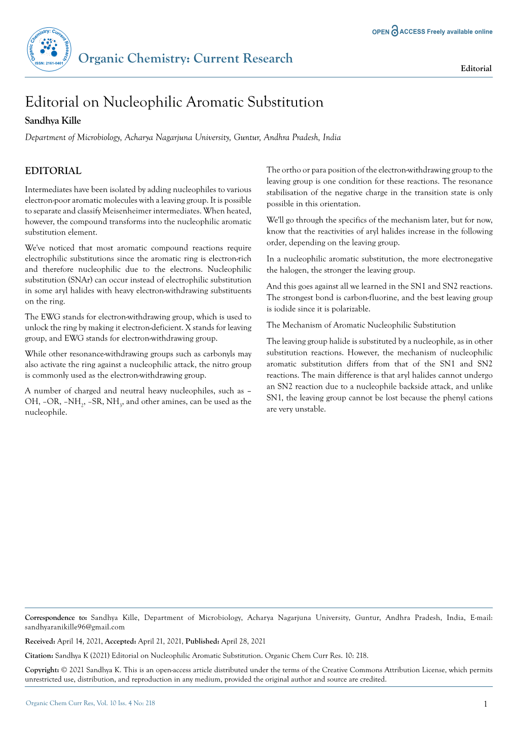 Short Notes on Nucleophilic Aromatic Substitution