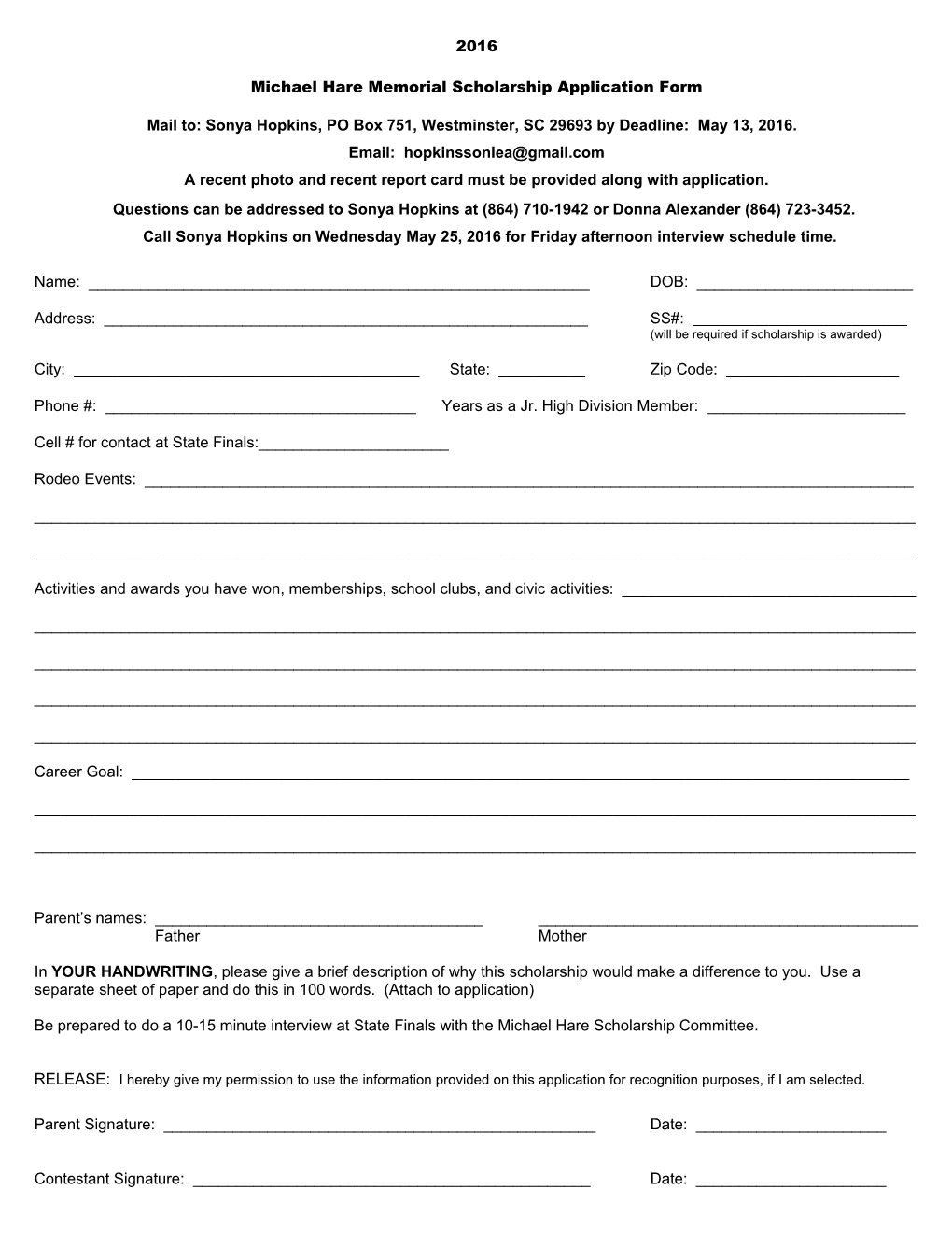 Michael Hare Memorial Scholarship Application Form