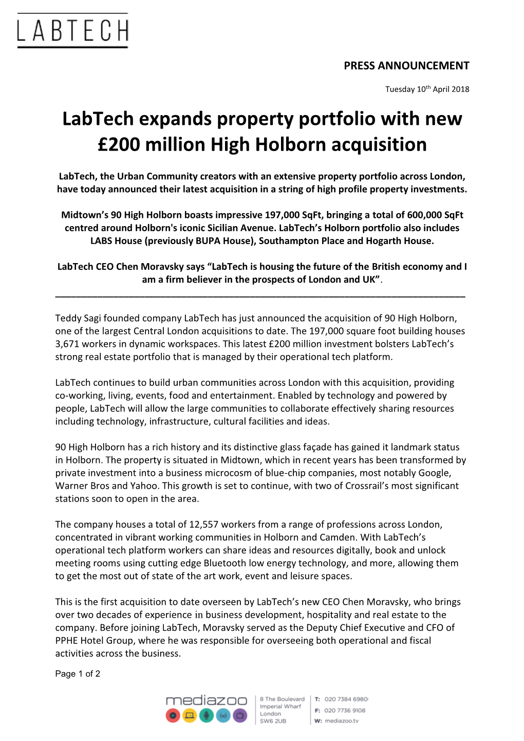 Labtech Expands Property Portfolio with New £200 Million High Holborn Acquisition