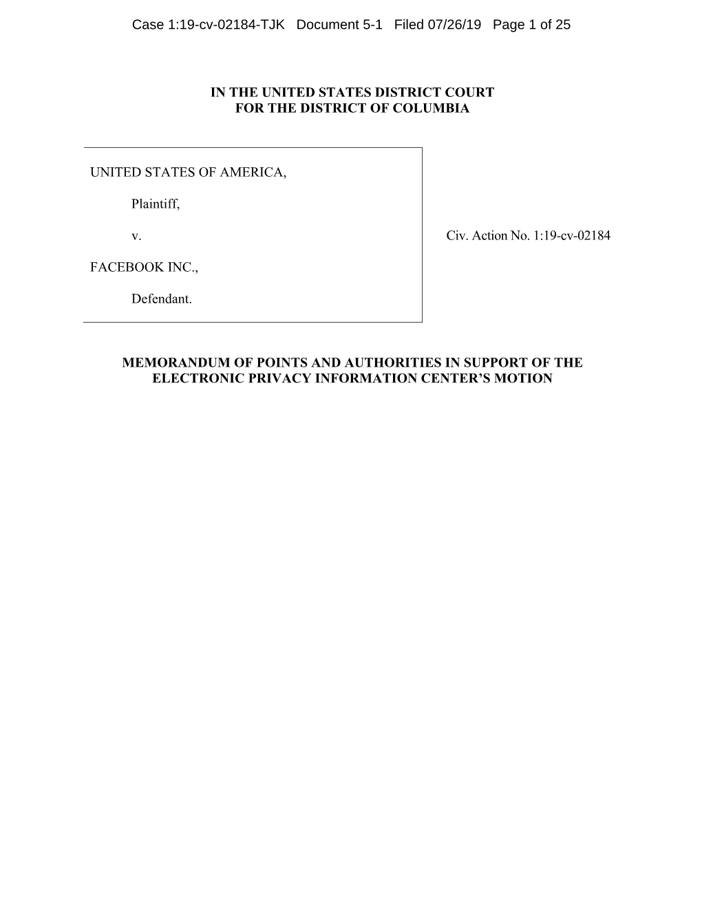 MEMORANDUM EPIC Motion to Intervene in FTC Facebook