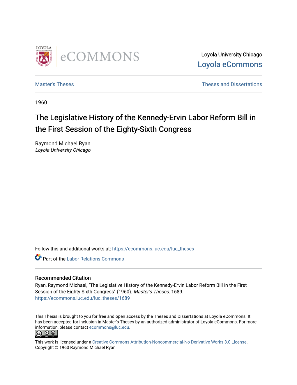 The Legislative History of the Kennedy-Ervin Labor Reform Bill in the First Session of the Eighty-Sixth Congress