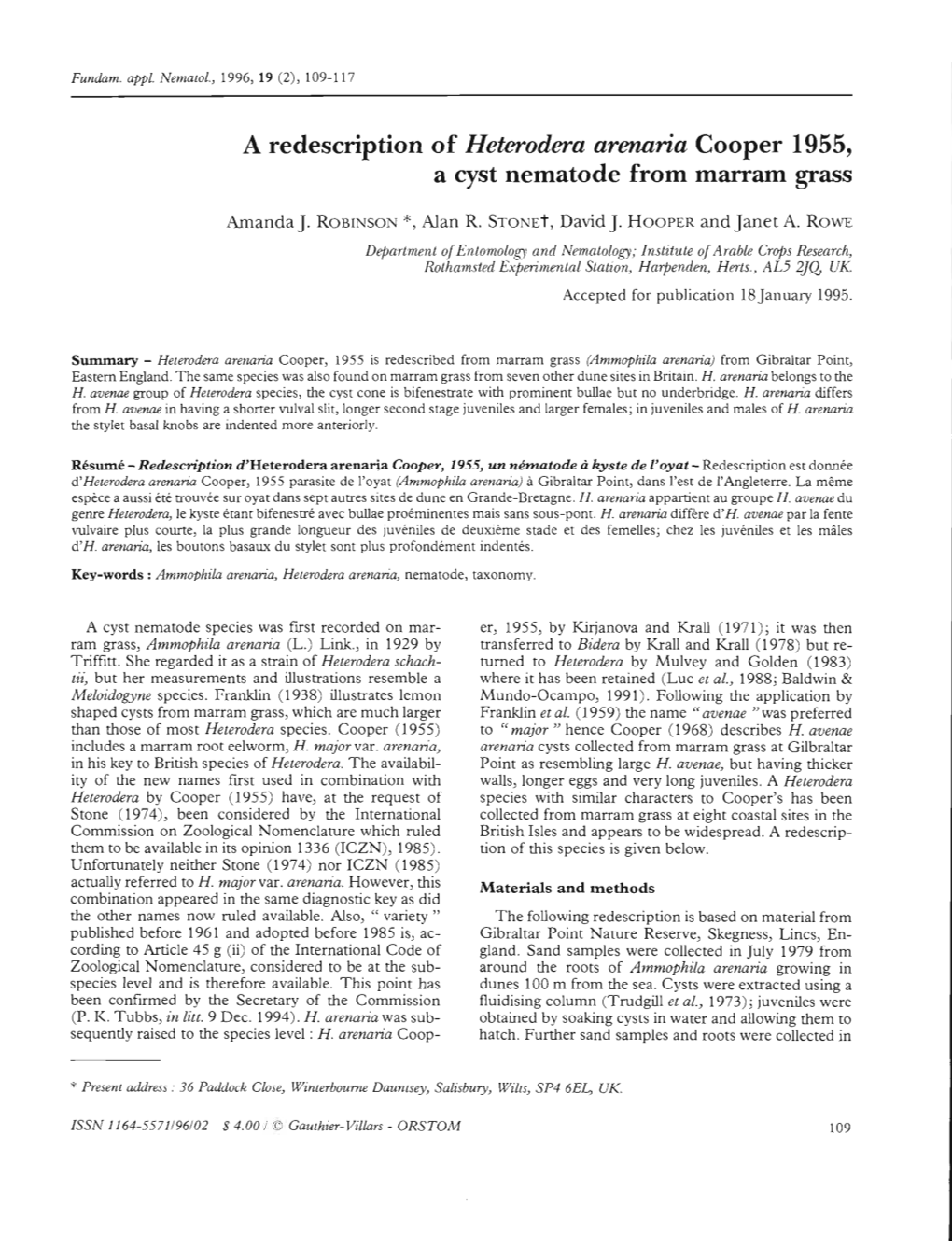 A Redescription of Heterodera Arenaria Cooper 1955, a Cyst Nematode from Marram Grass