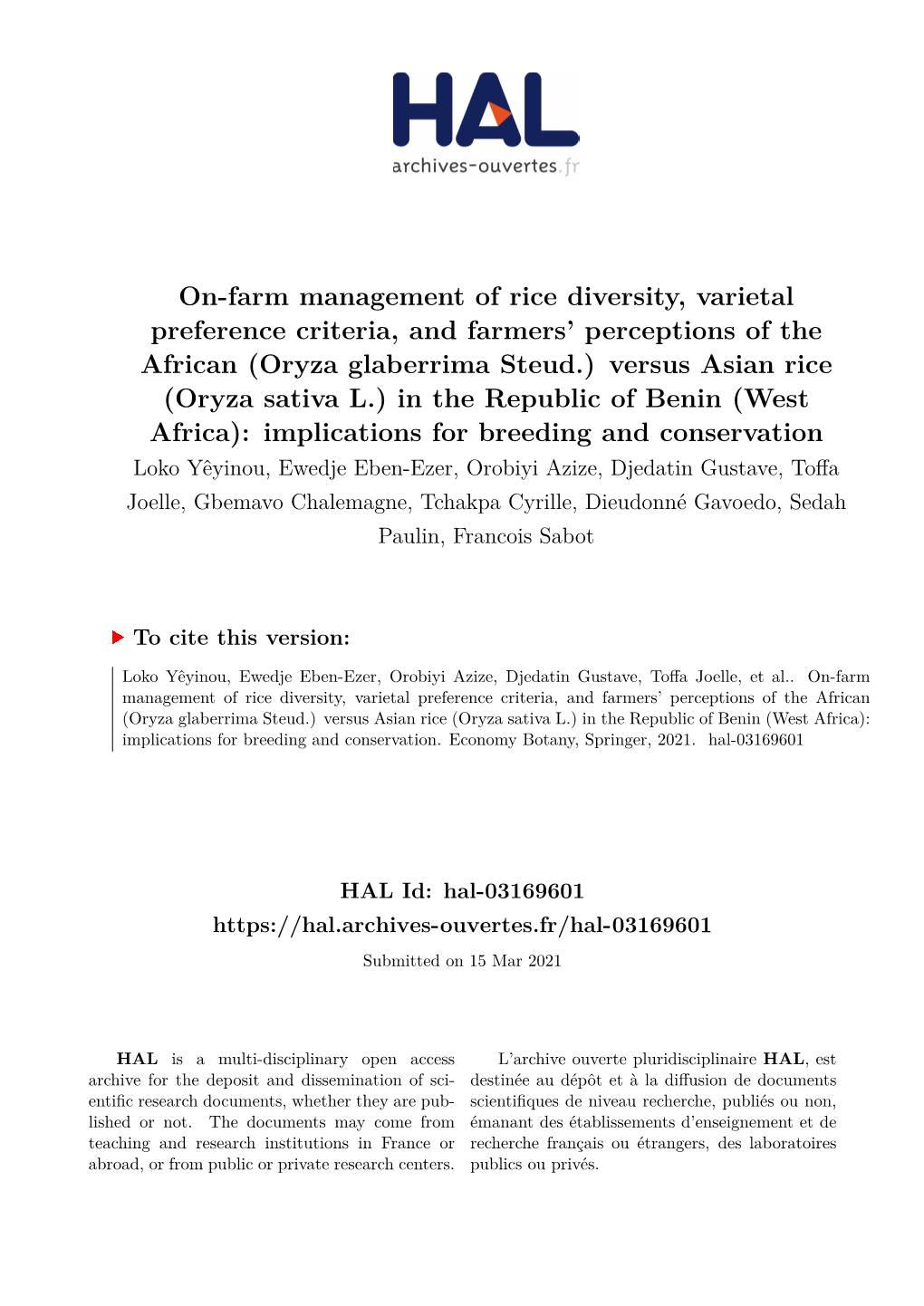 On-Farm Management of Rice Diversity, Varietal